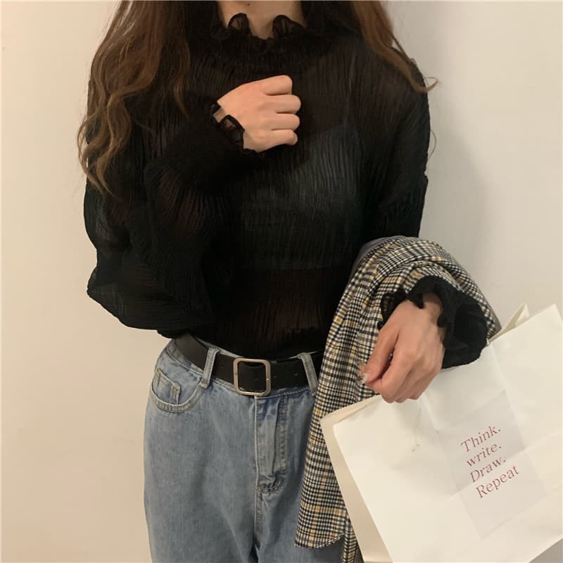 フレンチガーリー フリル袖シフォンブラウス 体型カバー長袖