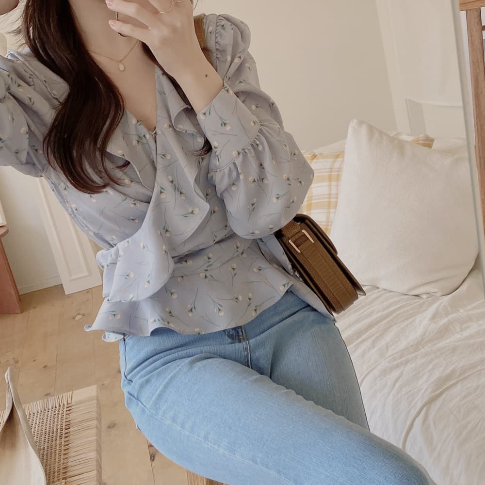 フレンチガーリー 花柄シフォンブラウス深Vネック長袖ふんわり着回し