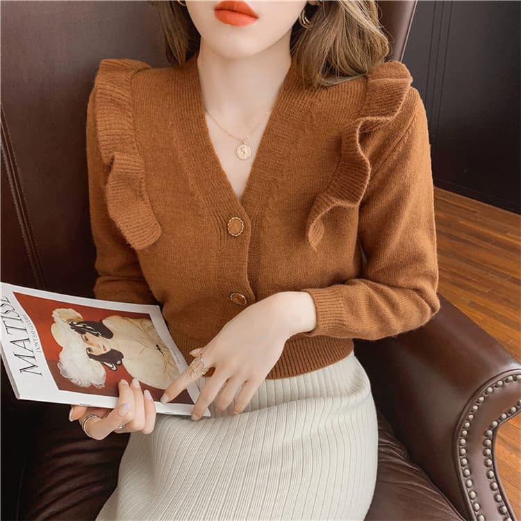 フレンチガーリー 薄手ニット Vネック フリル袖カーディガン