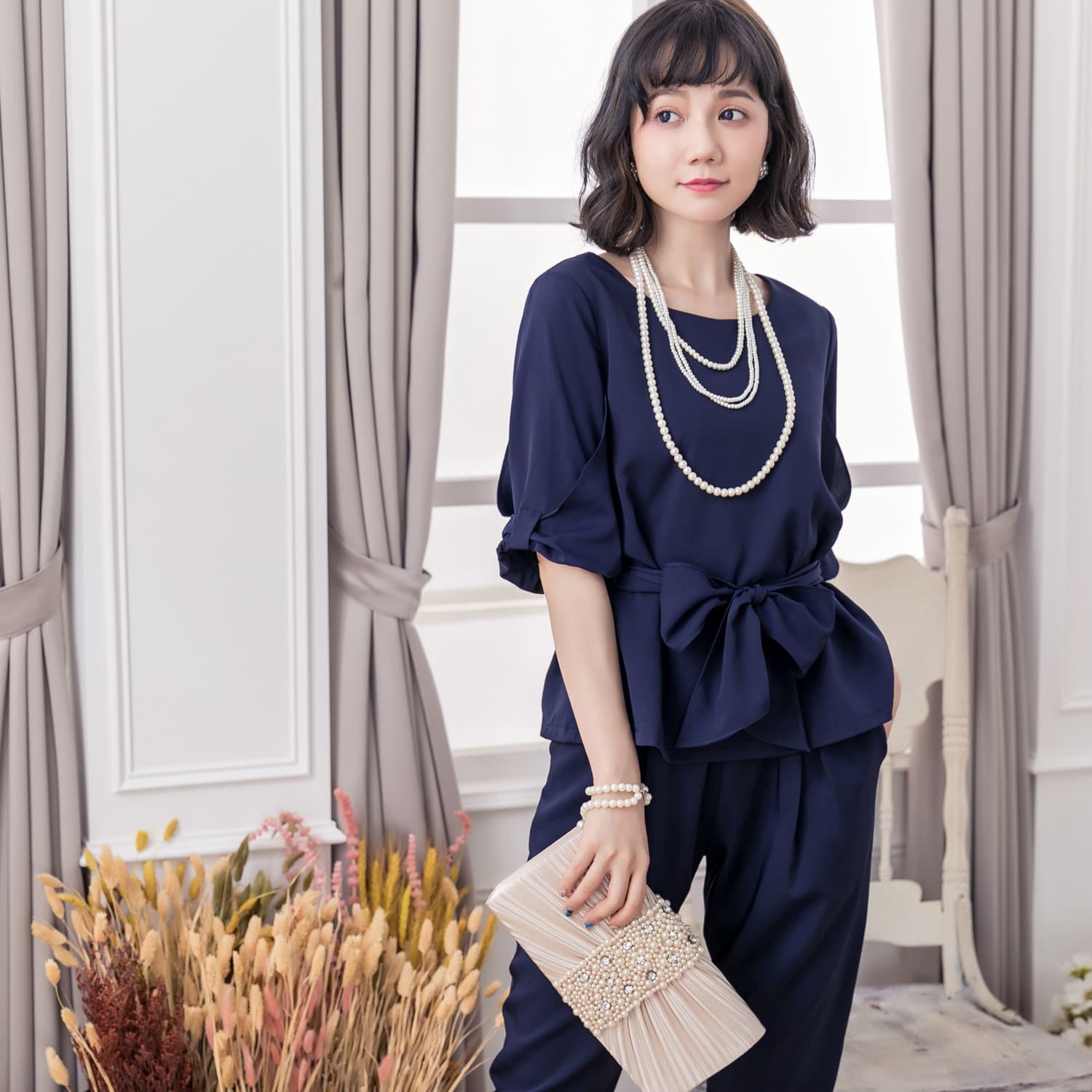 フレンチガーリー 袖リボン セットアップ 入学式 卒業式 結婚式 上品 大人 女性