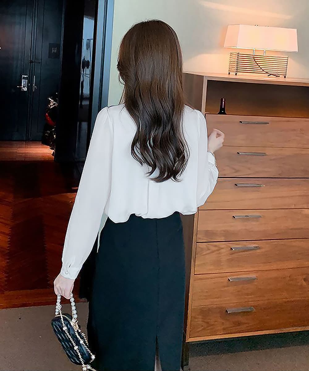 フレンチガーリー フリルリボン長袖ブラウス上品白シャツ