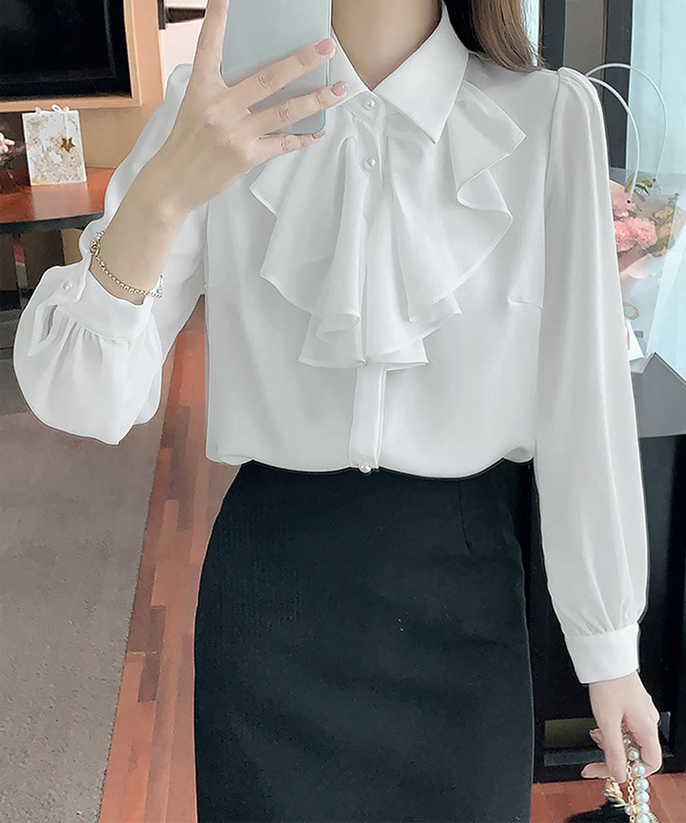 フレンチガーリー フリルリボン長袖ブラウス上品白シャツ