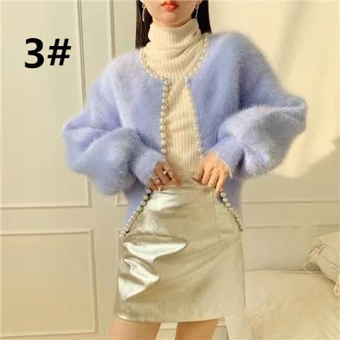 フレンチガーリー パール付きふわふわニットカーディガン秋冬長袖レディース