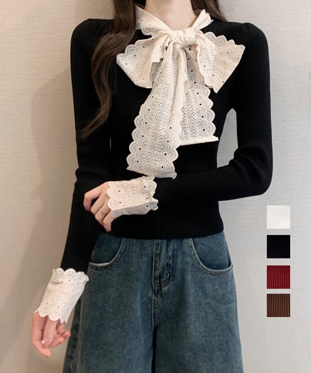 フレンチガーリー 刺繍レース蝶リボン付きニットトップス