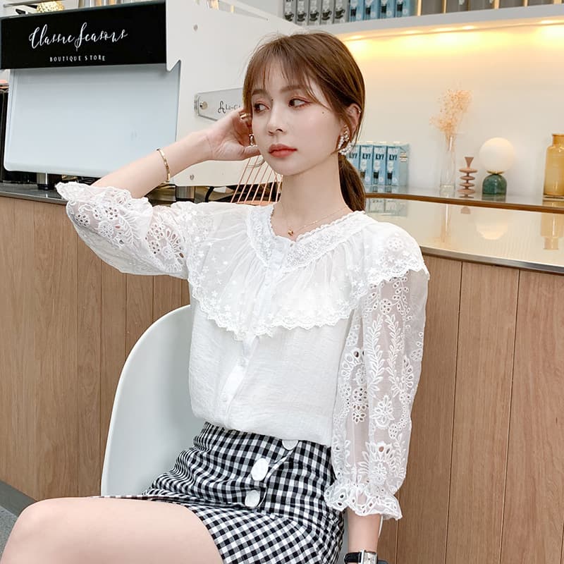 フレンチガーリー 襟元フリル刺繍レース長袖ブラウス