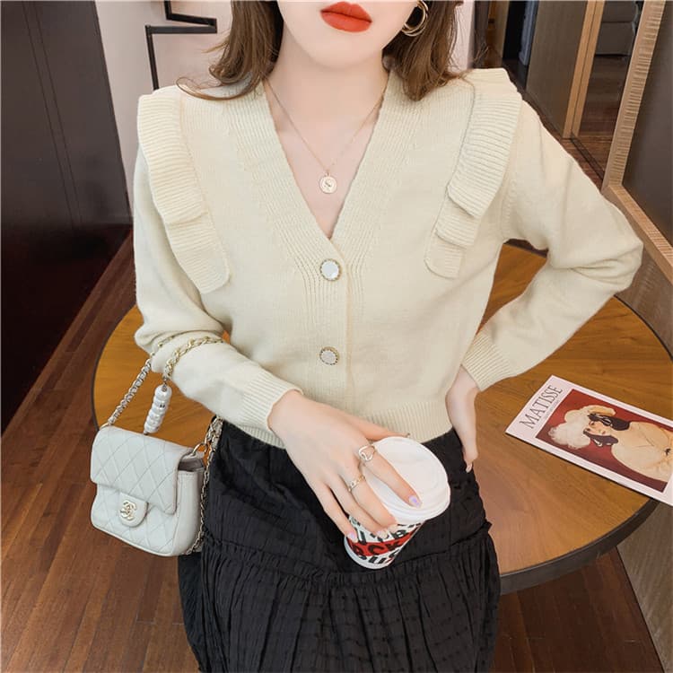 フレンチガーリー 薄手ニット Vネック フリル袖カーディガン