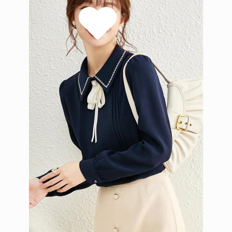 フレンチガーリー パールボタン付きリボンタイ襟刺繍ブラウス