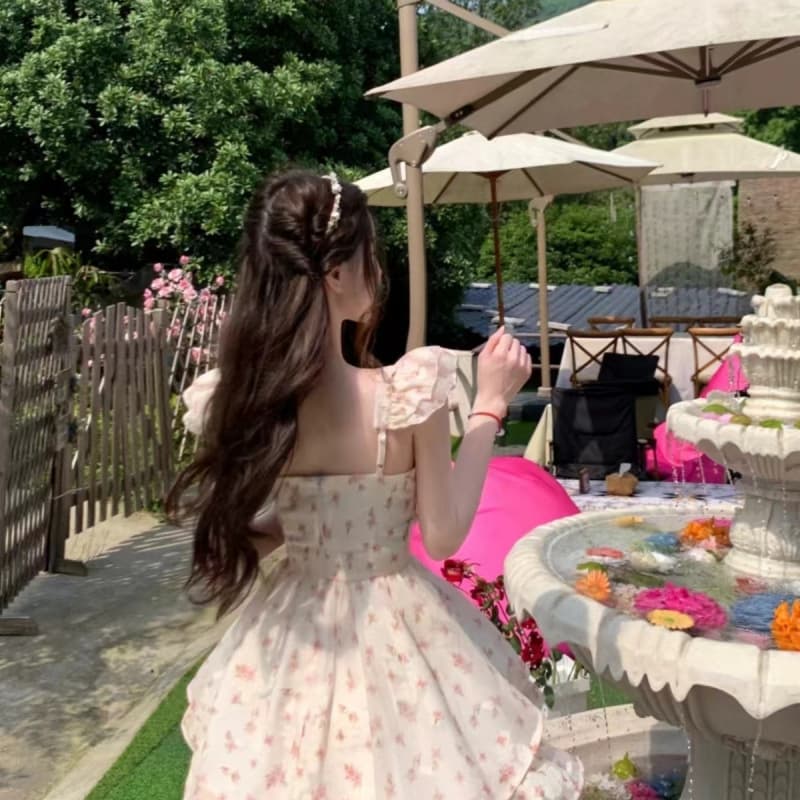 フレンチガーリー 花柄パフスリーブリボンワンピース