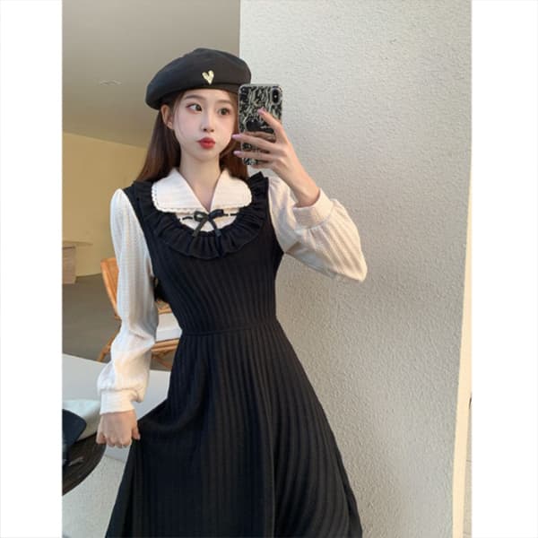 フレンチガーリー レディース長袖重ね着風ワンピース リボン付きプリーツロング丈