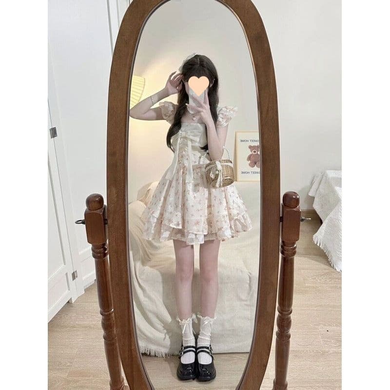 フレンチガーリー 花柄パフスリーブリボンワンピース