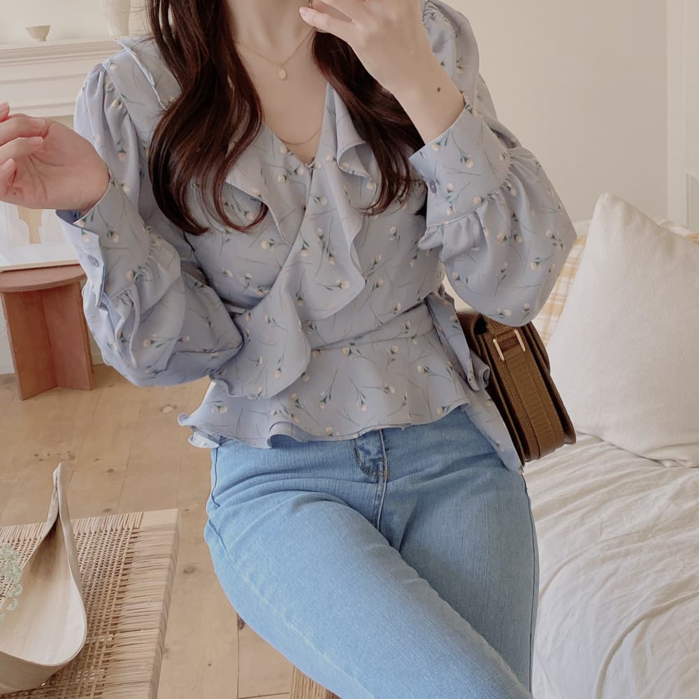 フレンチガーリー 花柄シフォンブラウス深Vネック長袖ふんわり着回し