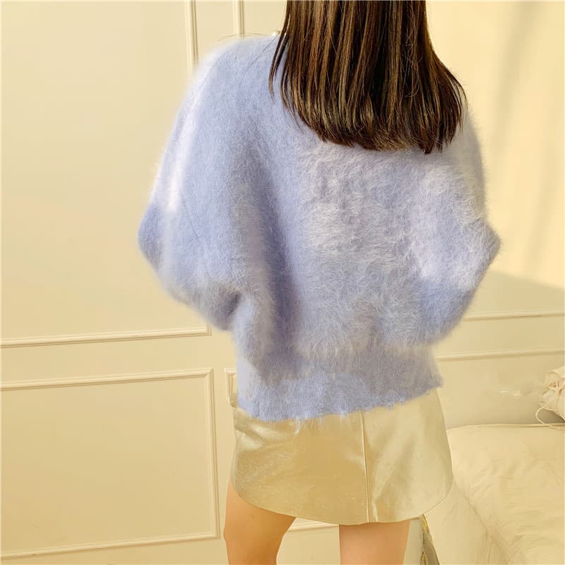 フレンチガーリー パール付きふわふわニットカーディガン秋冬長袖レディース