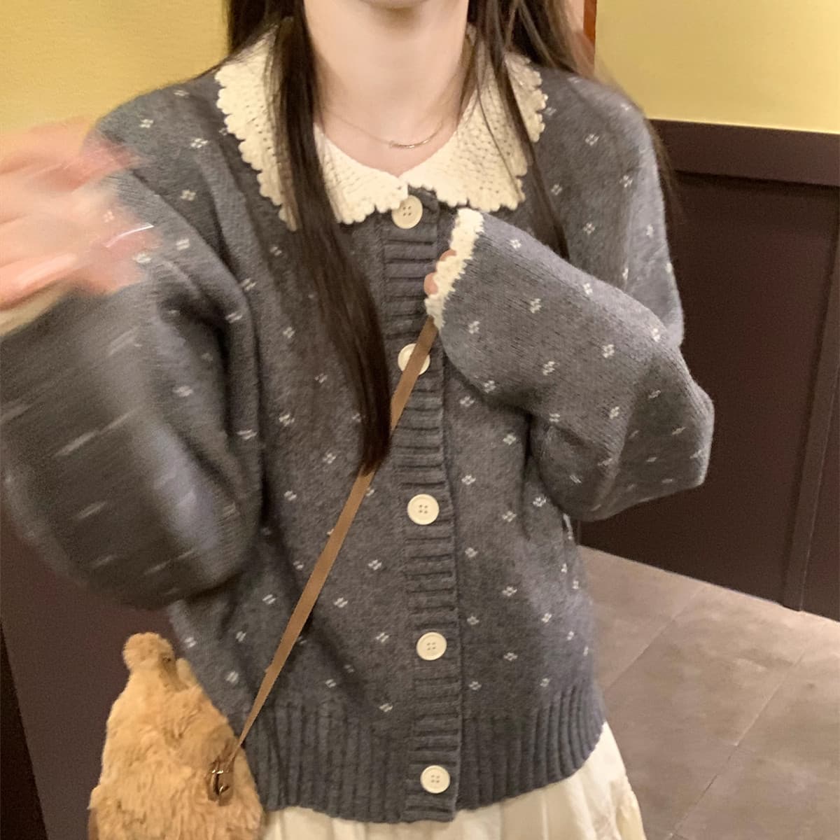 フレンチガーリー フリル襟レース編みニットカーディガン 可愛い丸襟トップス