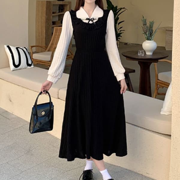 フレンチガーリー レディース長袖重ね着風ワンピース リボン付きプリーツロング丈