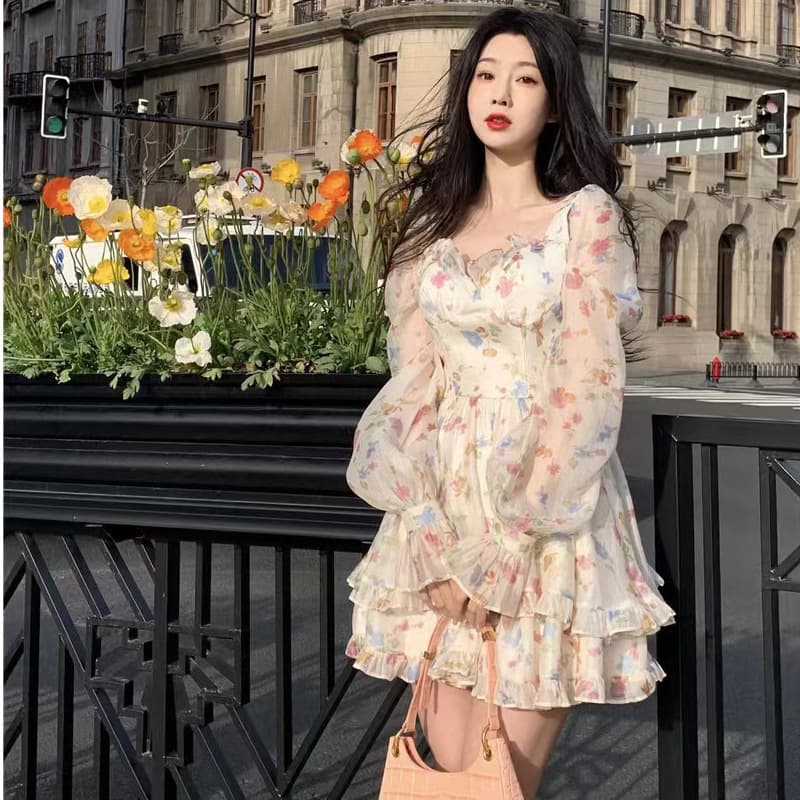 フレンチガーリー 花柄シフォン長袖ティアードワンピース