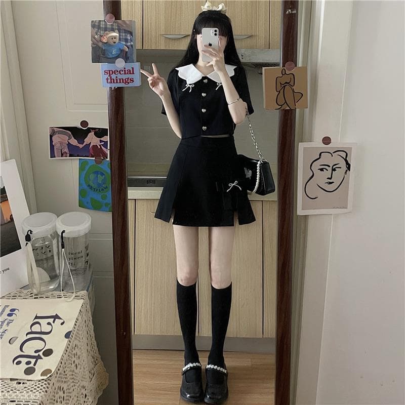 フレンチガーリー 白襟リボン付き半袖ワンピース黒セットアップ風ミニ丈