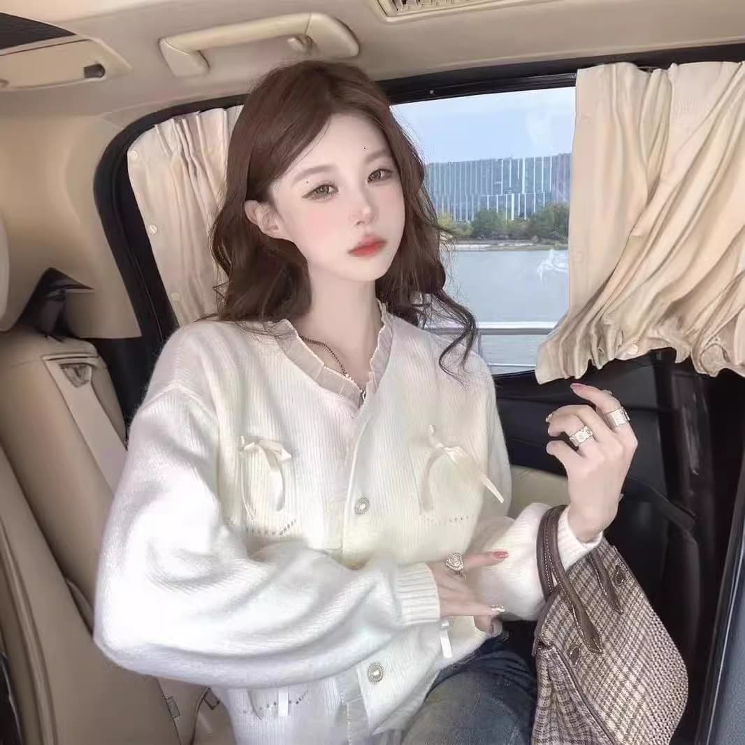 フレンチガーリー 可愛い蝶々結び装飾付きニットカーディガン