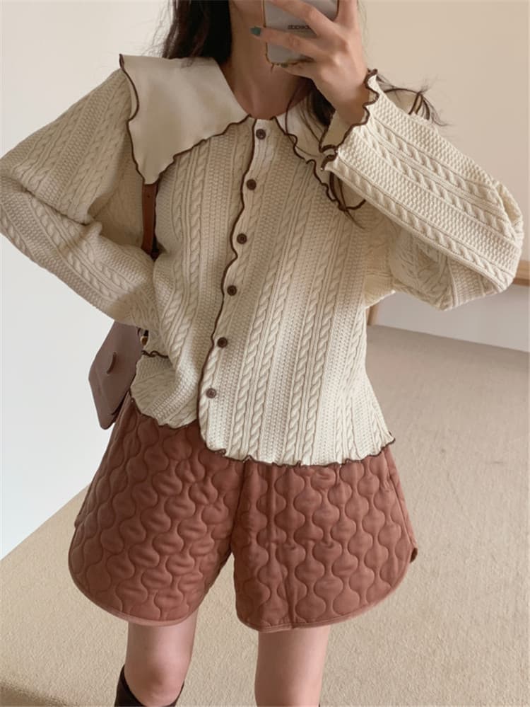 フレンチガーリー 麻の花刺繍襟付きニットカーディガン甘系