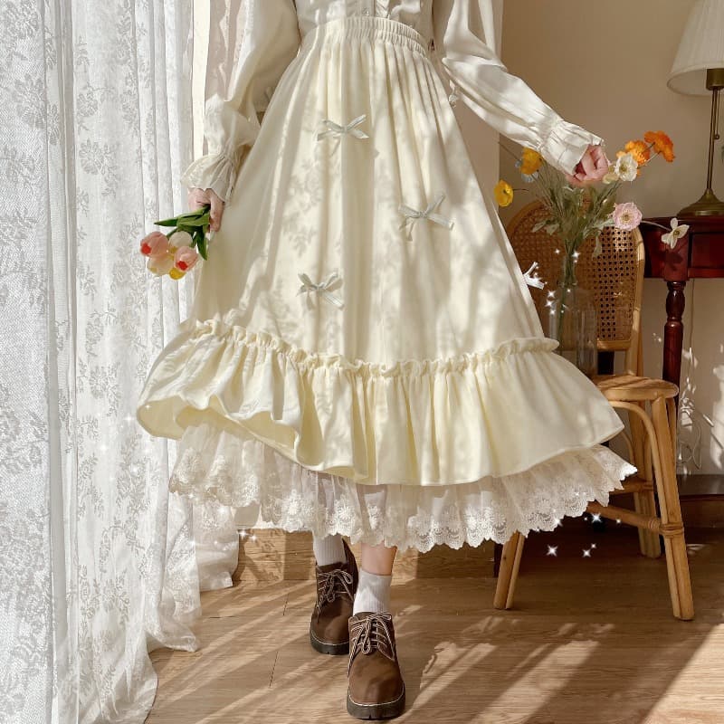 フレンチガーリー 小花柄刺繍リボンティアードフリルスカート