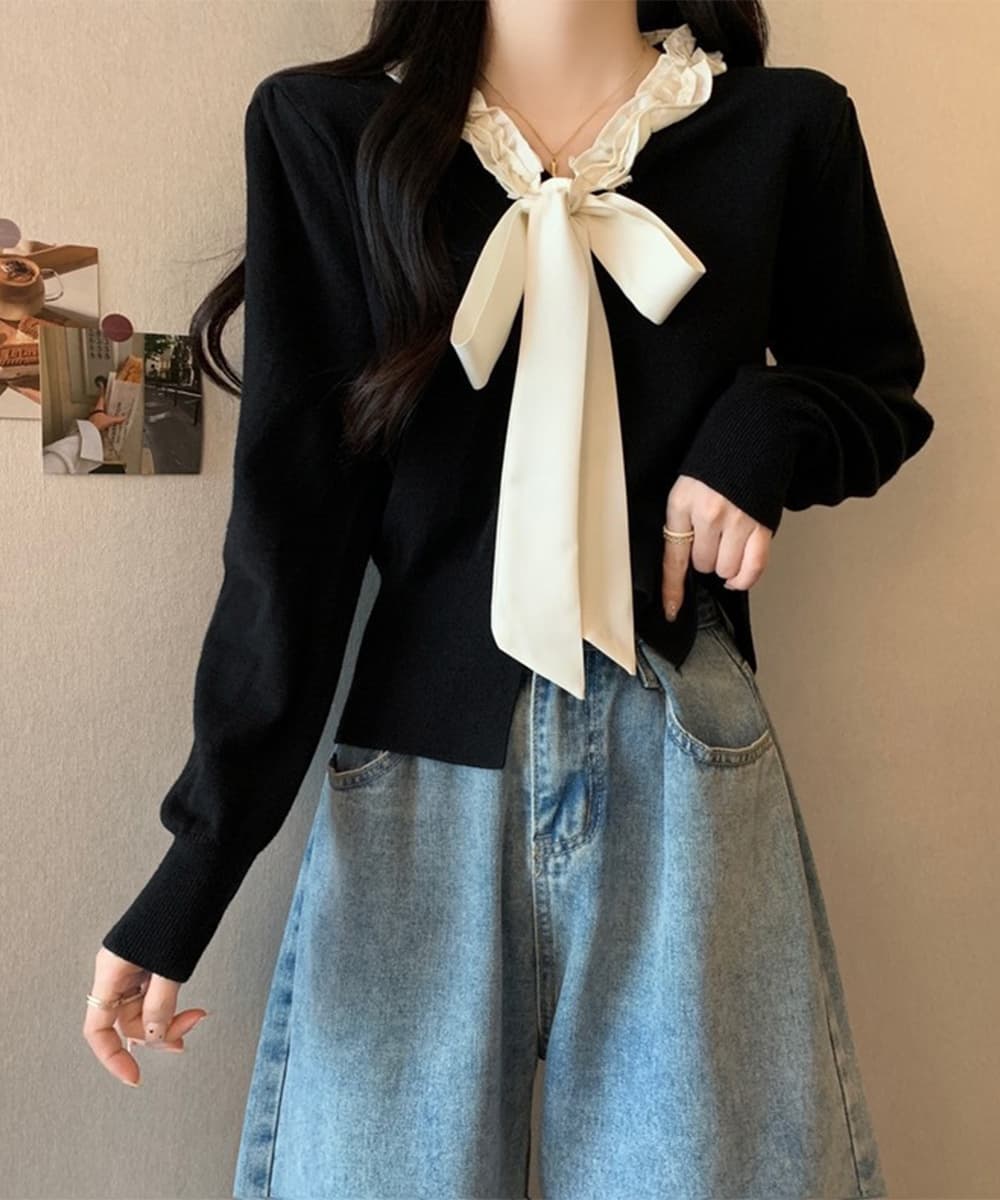 フレンチガーリー フリル襟リボンニットカーディガン