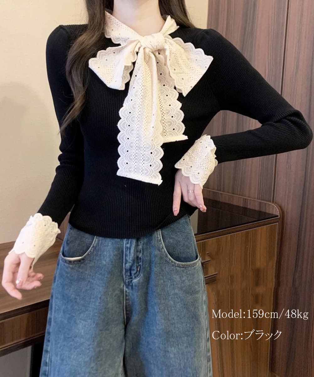 フレンチガーリー 刺繍レース蝶リボン付きニットトップス