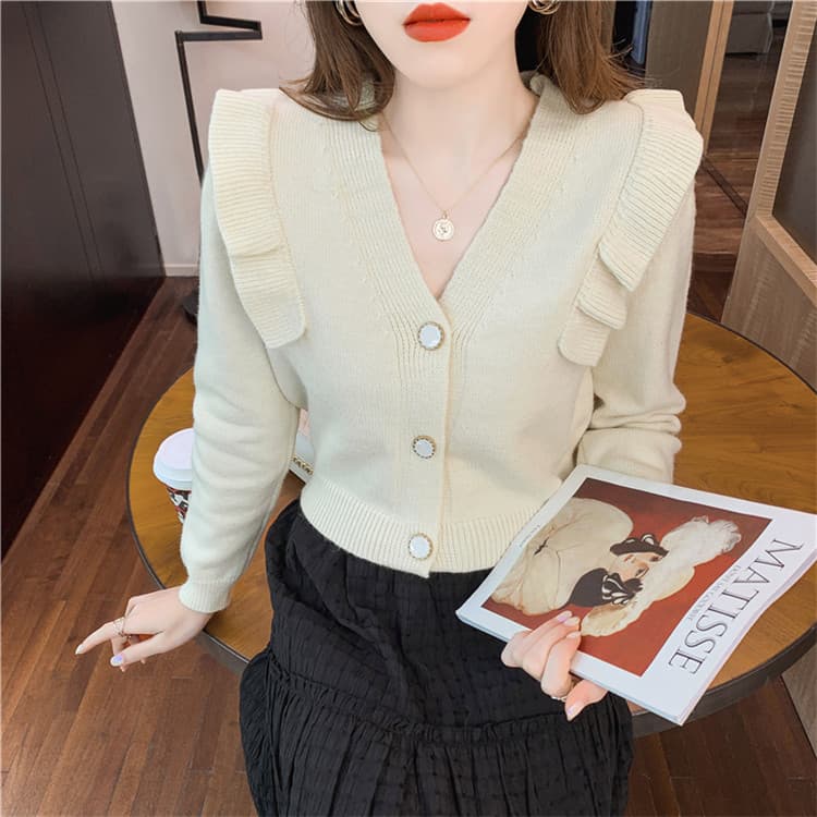 フレンチガーリー 薄手ニット Vネック フリル袖カーディガン