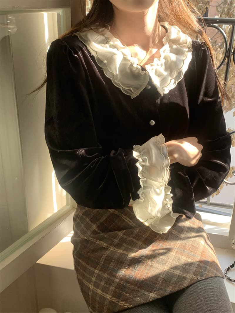 フレンチガーリー フリル襟付きガーリーカーディガン