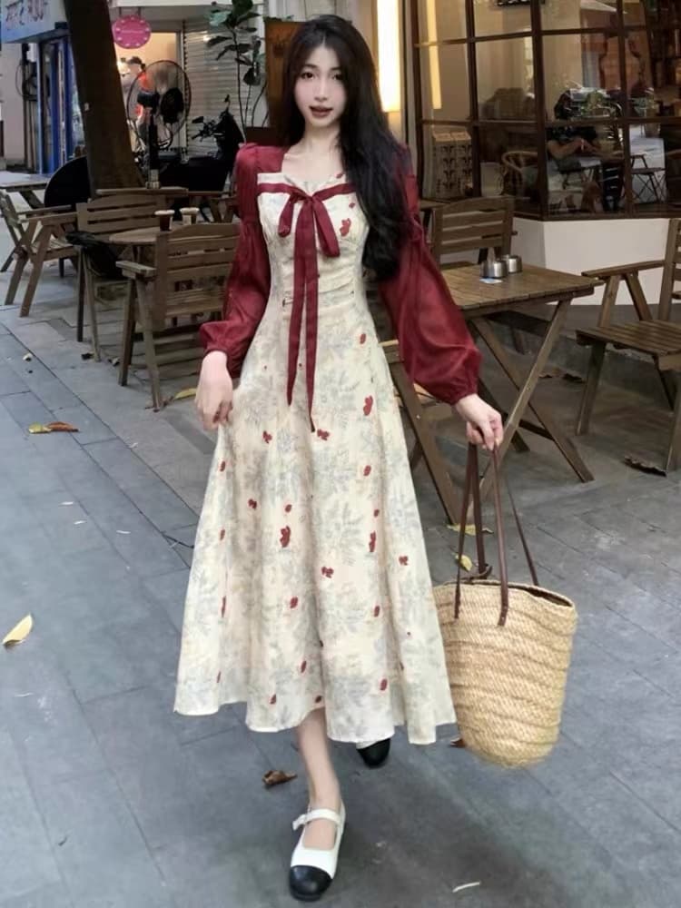 フレンチガーリー 花柄刺繍リボンレース袖ぽんわりロングワンピース