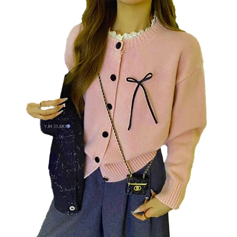 フレンチガーリー 丸首リボン付きニットカーディガン