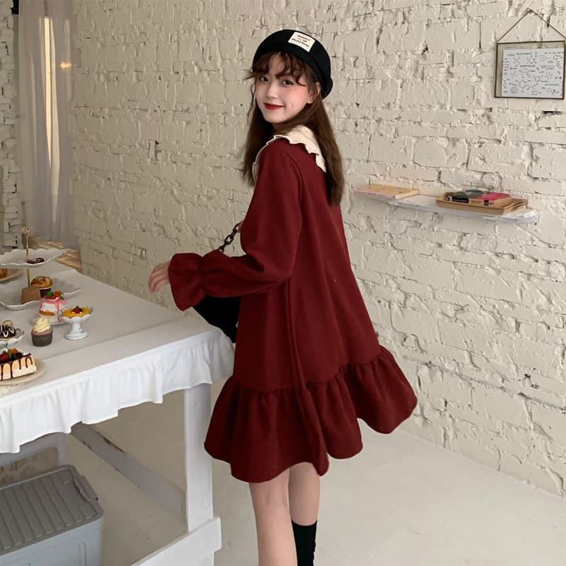 フレンチガーリー 長袖ワンピース ワインレッド 丸襟 フリル裾 可愛い