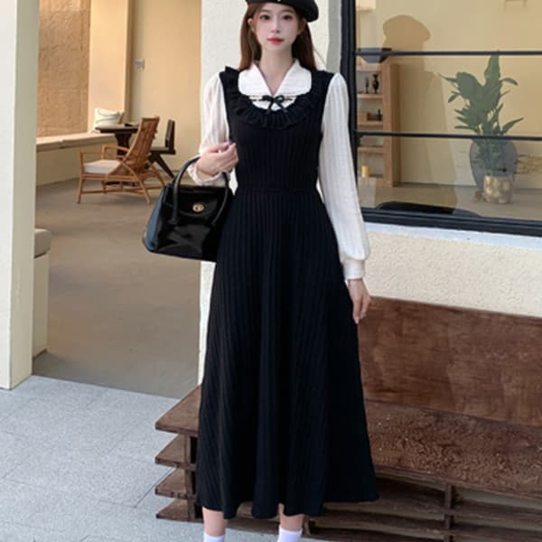 フレンチガーリー レディース長袖重ね着風ワンピース リボン付きプリーツロング丈
