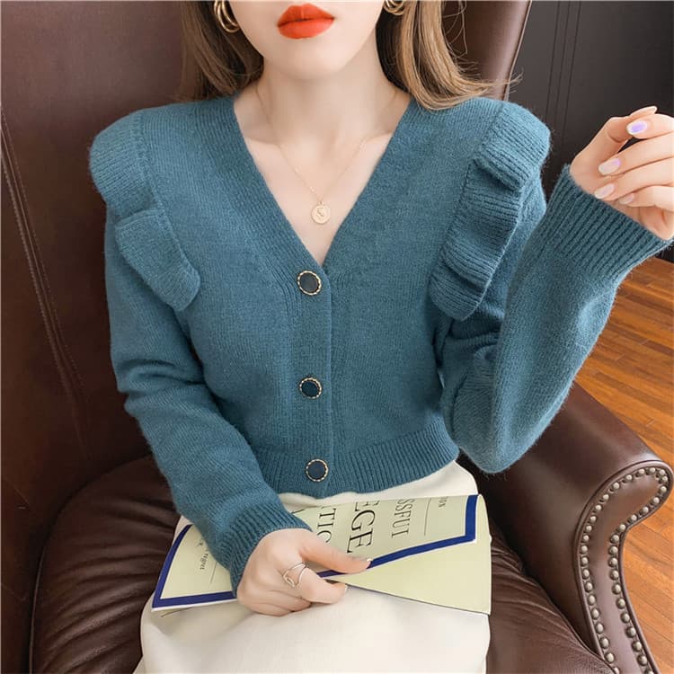 フレンチガーリー 薄手ニット Vネック フリル袖カーディガン