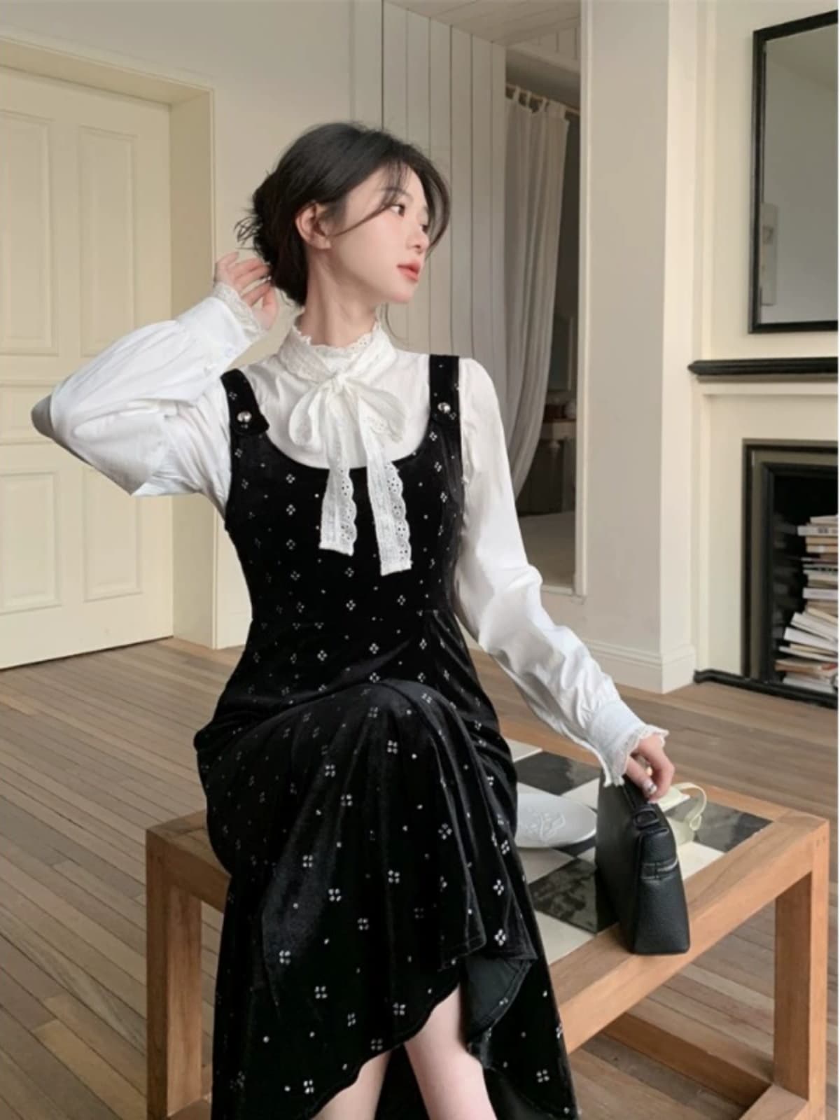 フレンチガーリー 花柄レース襟付きジャンパースカートセット