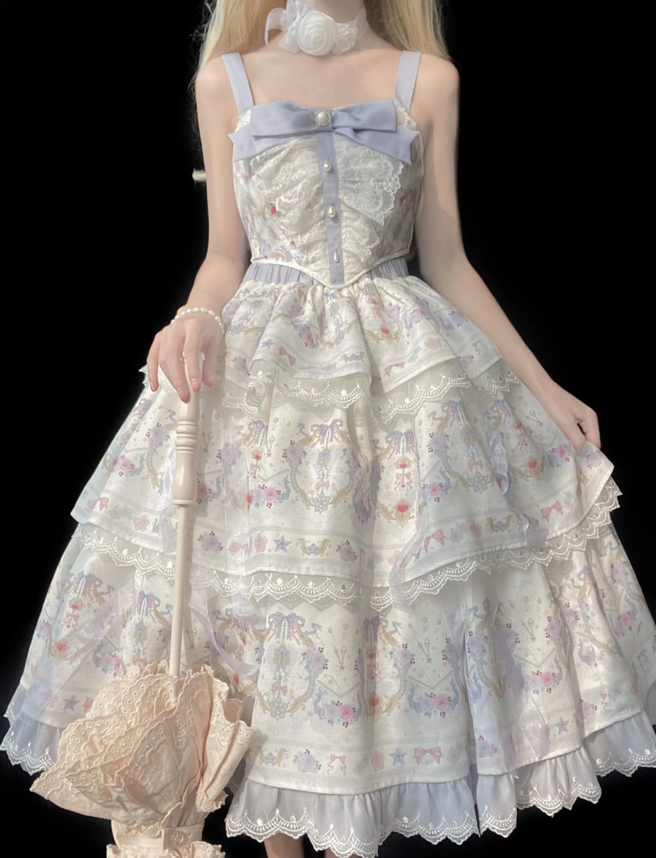 フレンチガーリー 花柄刺繍ティアードレース姫様風ワンピース