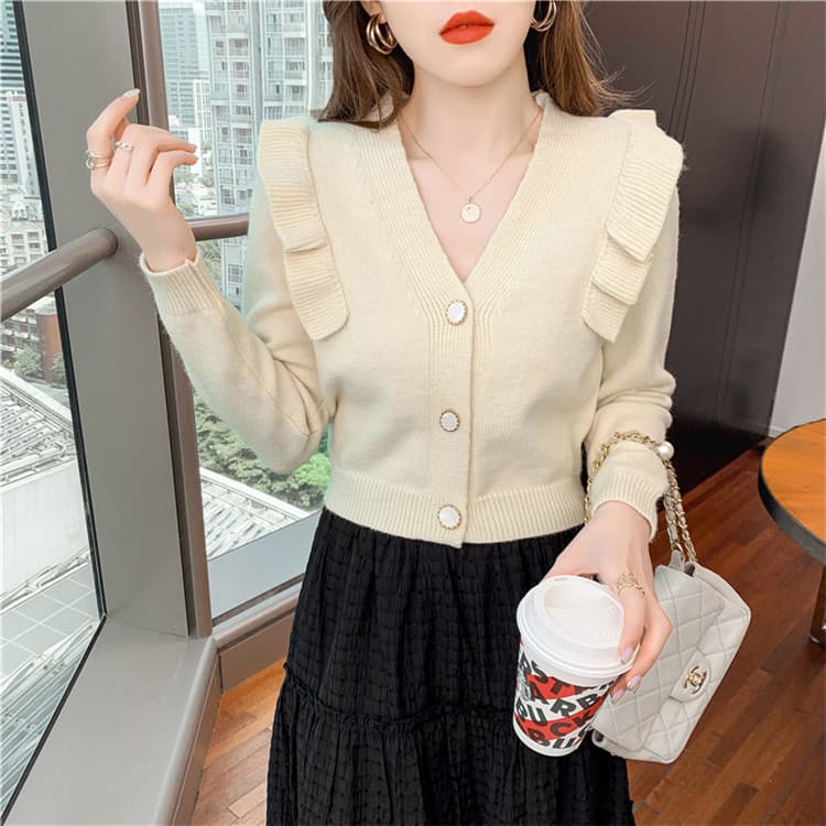 フレンチガーリー 薄手ニット Vネック フリル袖カーディガン