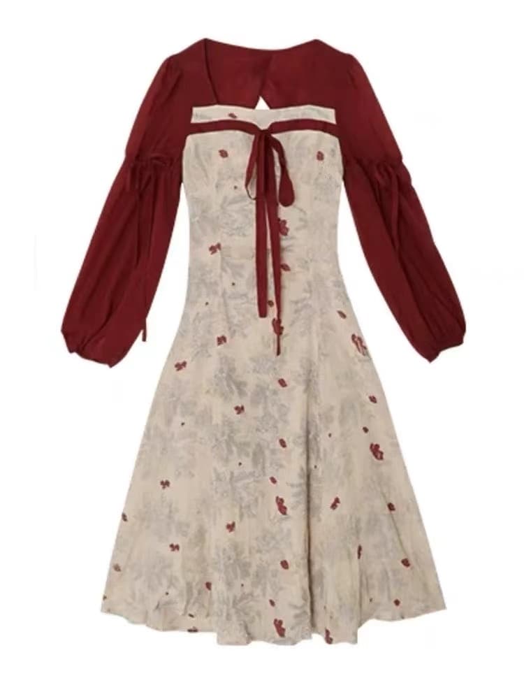 フレンチガーリー 花柄刺繍リボンレース袖ぽんわりロングワンピース