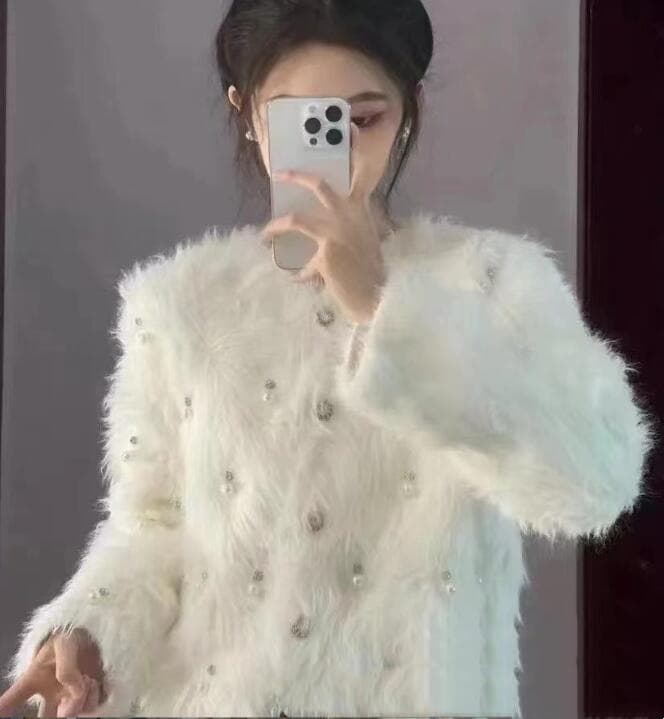 フレンチガーリーふわふわ毛玉カーディガン パール装飾ニットコート