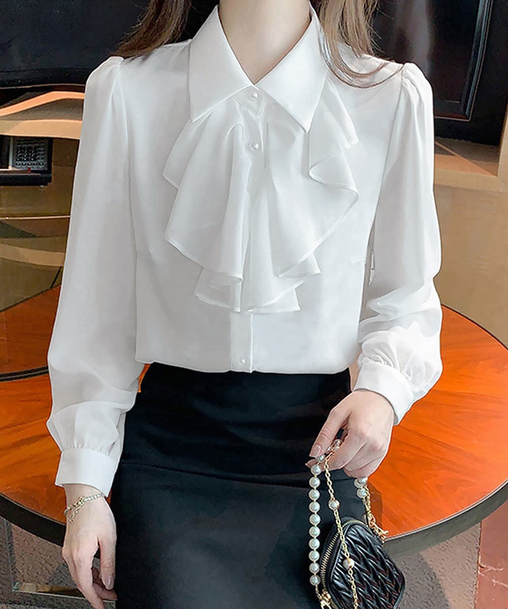 フレンチガーリー フリルリボン長袖ブラウス上品白シャツ
