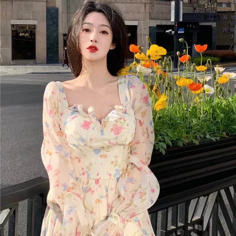 フレンチガーリー 花柄シフォン長袖ティアードワンピース