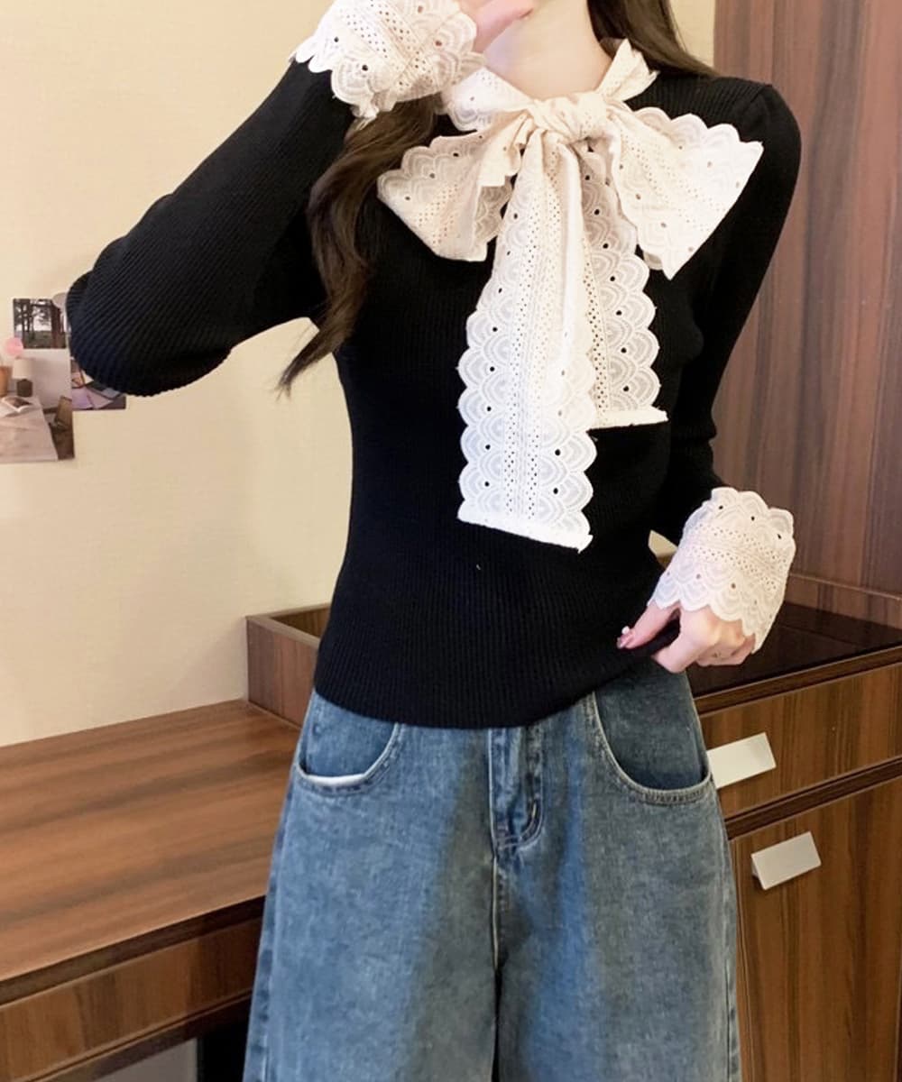 フレンチガーリー 刺繍レース蝶リボン付きニットトップス