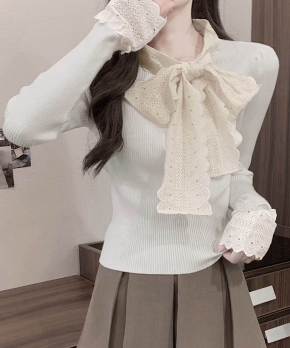 フレンチガーリー 刺繍レース蝶リボン付きニットトップス