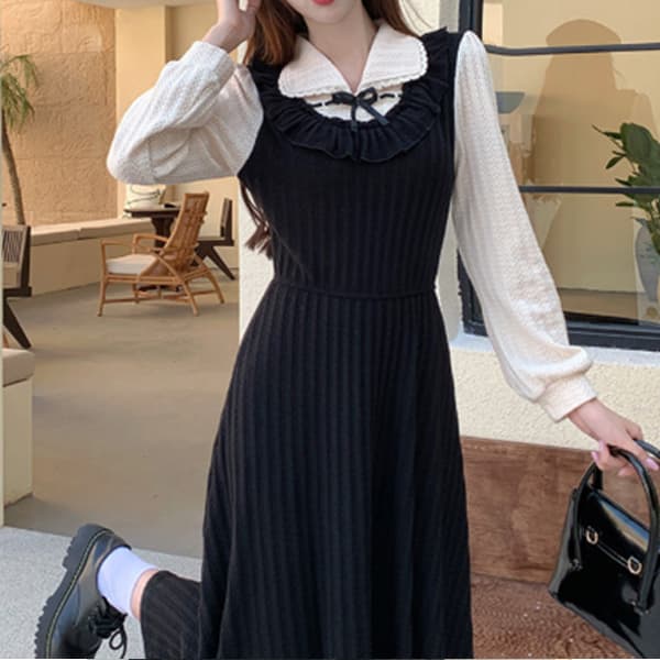フレンチガーリー レディース長袖重ね着風ワンピース リボン付きプリーツロング丈