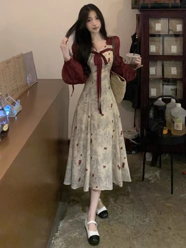 フレンチガーリー 花柄刺繍リボンレース袖ぽんわりロングワンピース