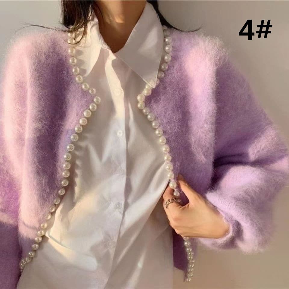 フレンチガーリー パール付きふわふわニットカーディガン秋冬長袖レディース