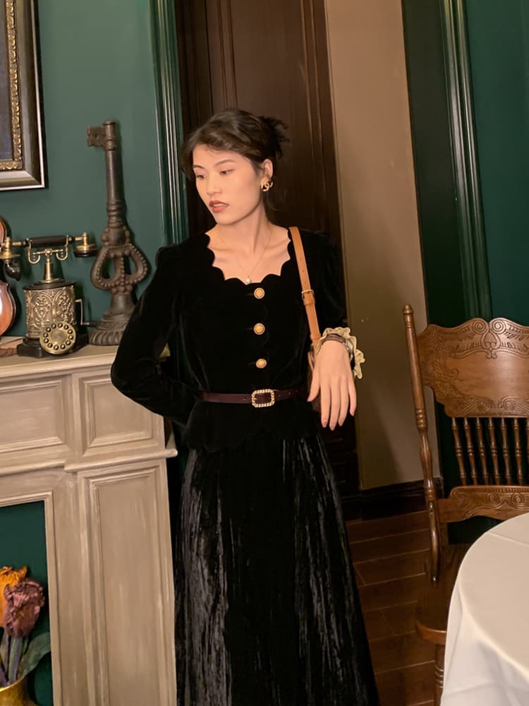 フレンチガーリー シースルーベロアロングワンピース