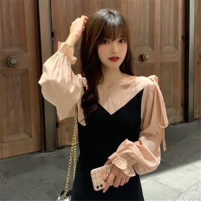 フレンチガーリー 秋 レトロ 袖口 フリルワンピース