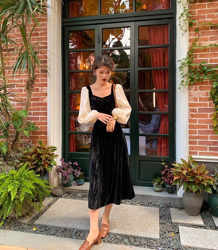 フレンチガーリー シースルーベロアロングワンピース