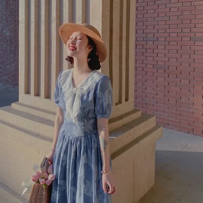 フレンチガーリー 襟リボン スリム ワンピース