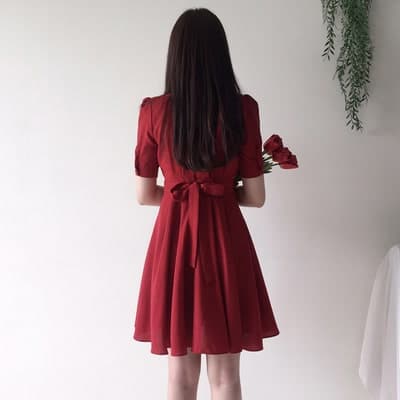 フレンチガーリー Vネック ハイウエストワンピース