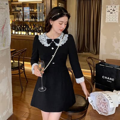 フレンチガーリー 襟付きリボンミニワンピース